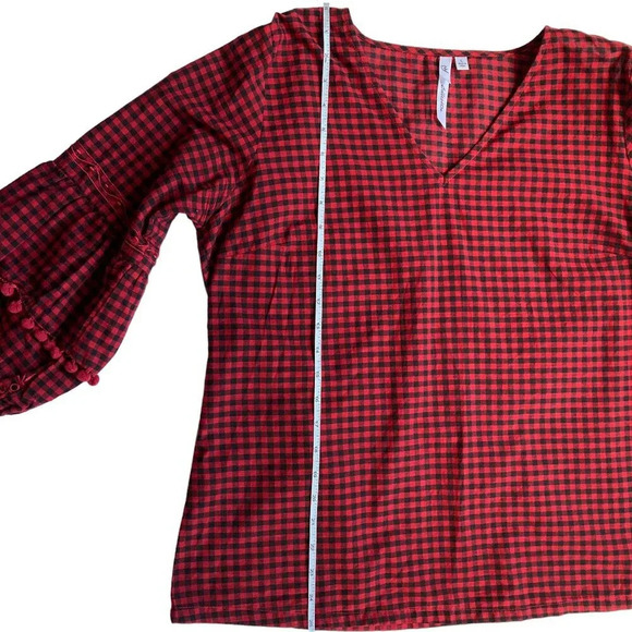 NY Collection Checked Plaid Top, Size Large, Black & Red, Eyelet, Pom-Poms - Picture 7 of 7